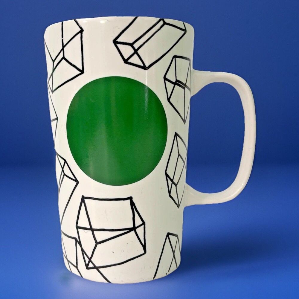 Starbucks Coffee Mug 2014 Green Dot Collection Geometric Cube 16oz Ceramic Cup